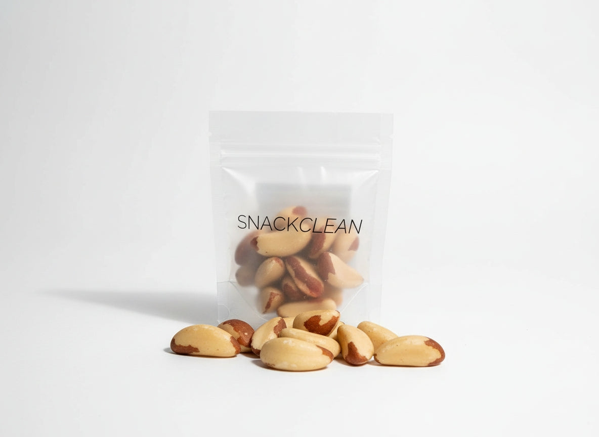 Clear bag of brazil nuts with 'SNACKCLEAN' branding on a white background