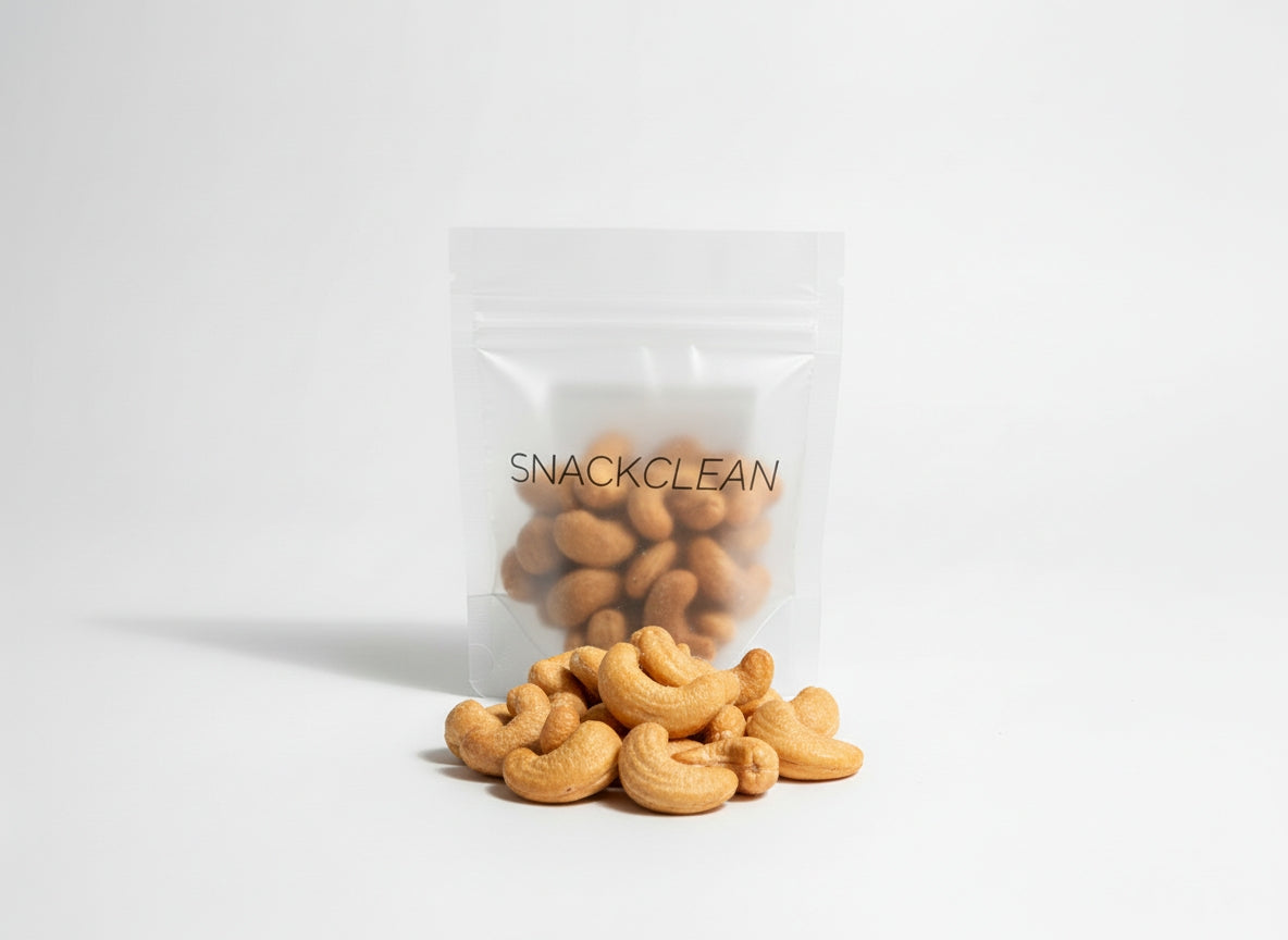 Clear 'SNACKCLEAN' bag with cashews spilling out on a white background