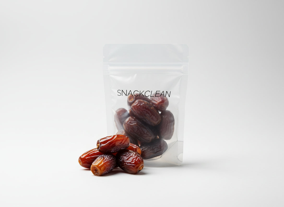 Clear bag with dates and 'SNACKCLEAN' branding on a white background