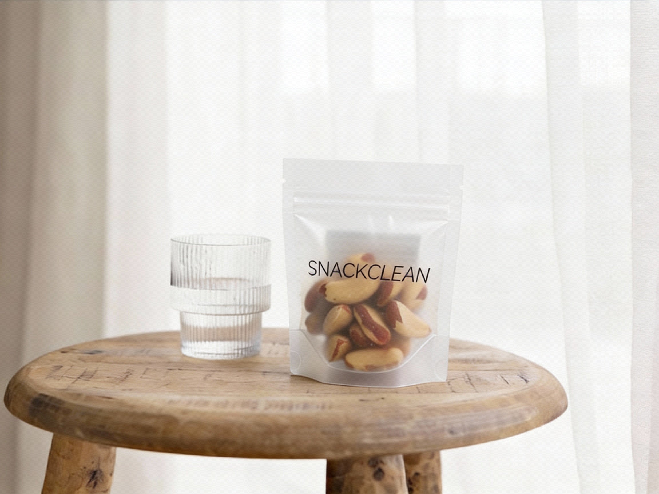 Bag of snacks labeled 'SNACKCLEAN' on a wooden stool with a glass container.