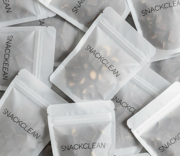 Multiple 'SNACKCLEAN' snack packages stacked together.